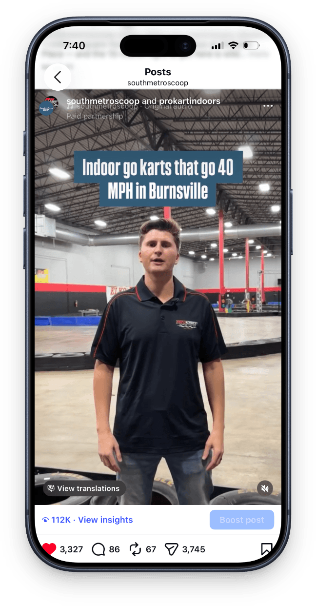 Social media advertising example — Pro Kart Indoors paid partnership, 112K views